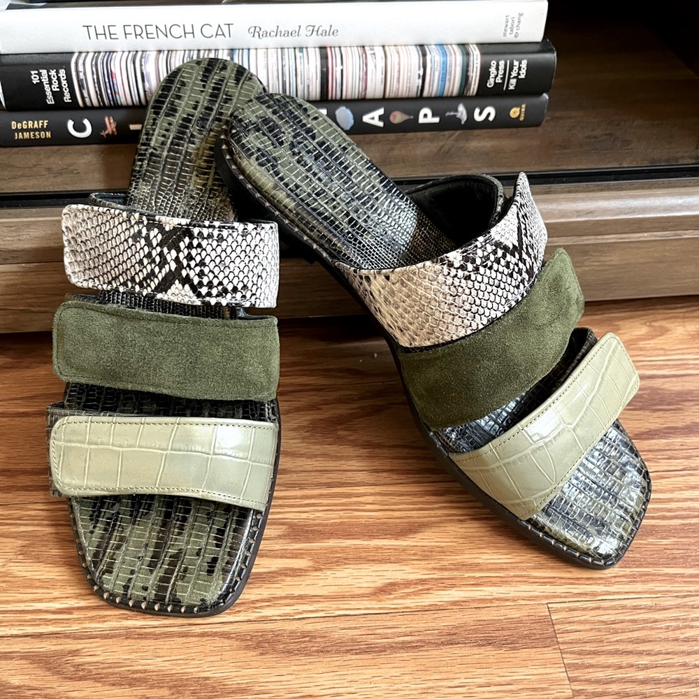 Freda Salvador Olive Green Multi-Texture Slide Sandals - Picture 2 of 8